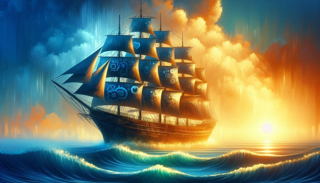 digital painting of a ship sailing through calm blue seas under a golden sunrise