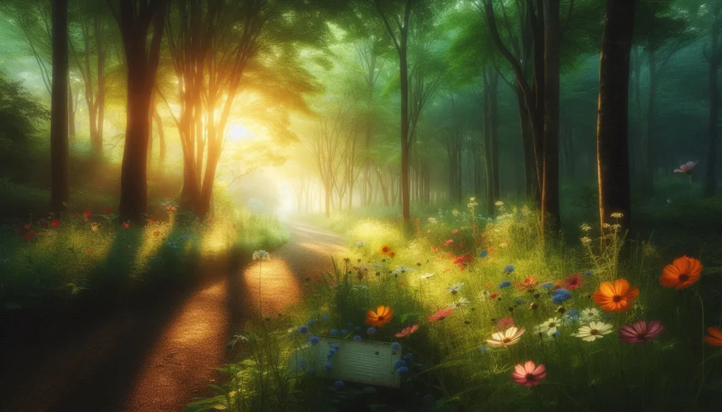 sunlight bpreaking through trees in a serene forest a quiet path lined with wildflowers gentle mist
