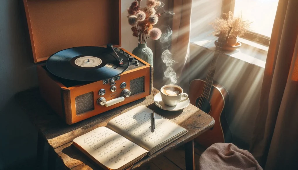 vinyl record player spinning, coffee cup on side table, sunlit window, open notebook, soft pastel