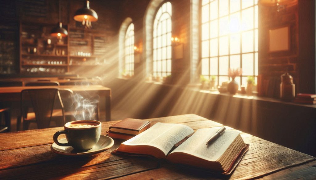 warm coffeehouse interior with soft morning light streaming through large windows, a steaming cup of