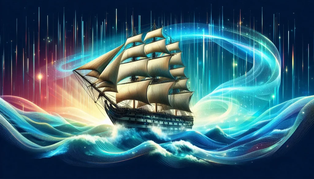 historic multi sail multi mast ship sailing across the digital ocean