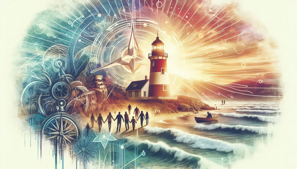 mixed media collage of community volunteers and a lighthouse 70