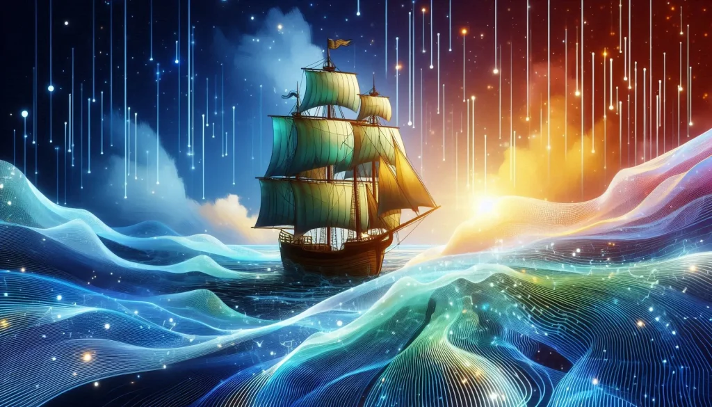 sailing ship gliding across the digital ocean with glowing data traces